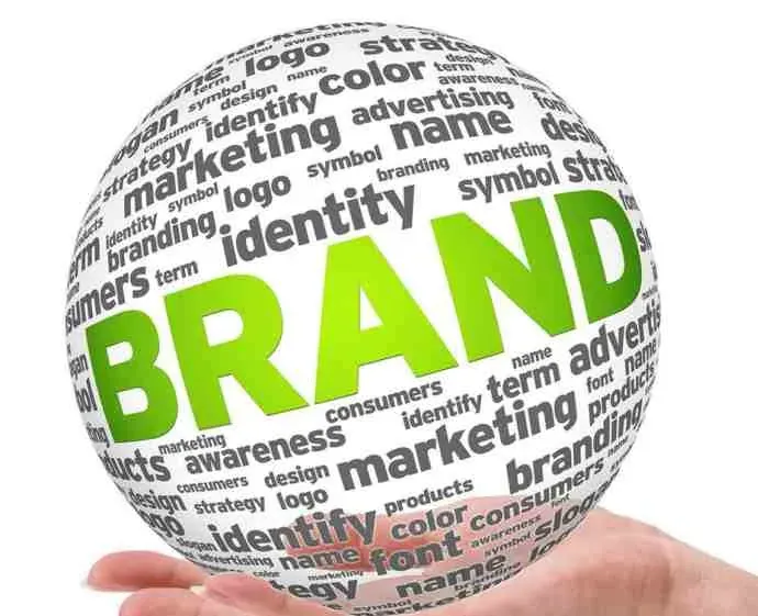 Brand word sphere held in a hand